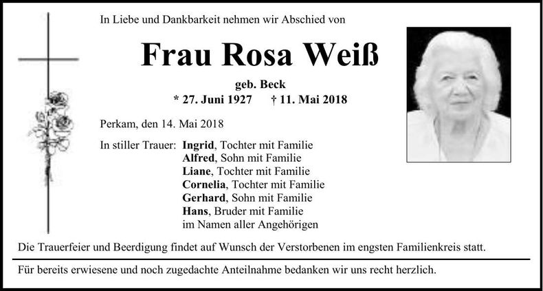 Traueranzeige Rosa Weiß