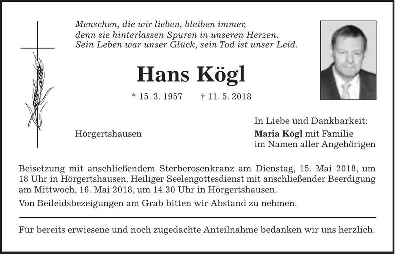 Traueranzeige Hans Kögl