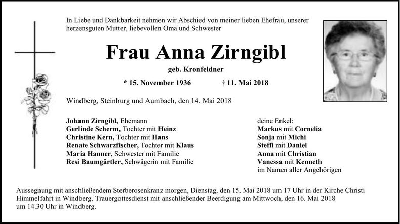 Traueranzeige Anna Zirngibl