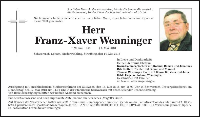Traueranzeige Franz-Xaver Wenninger