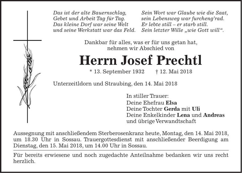 Traueranzeige Josef Prechtl