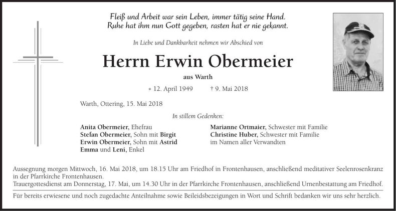 Traueranzeige Erwin Obermeier
