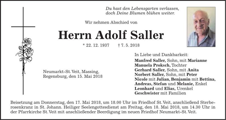 Traueranzeige Adolf Saller