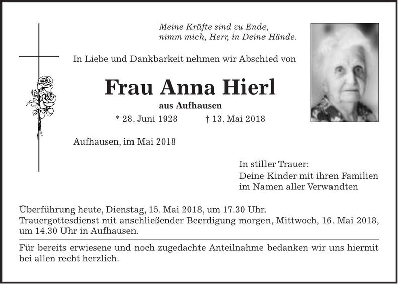Traueranzeige Anna Hierl