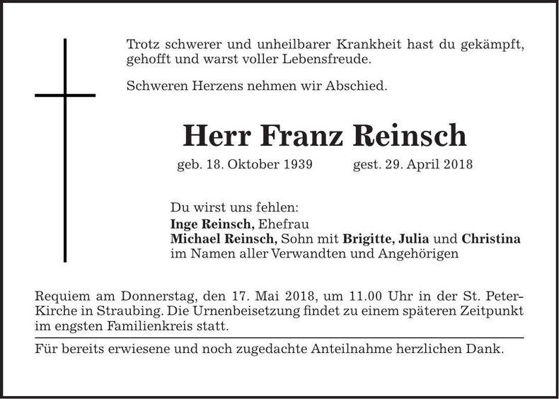 Traueranzeige Franz Reinsch