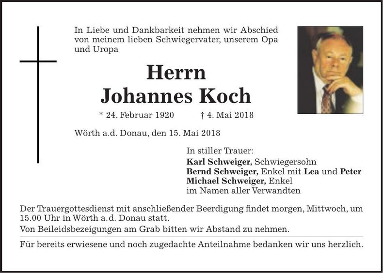 Traueranzeige Johannes Koch