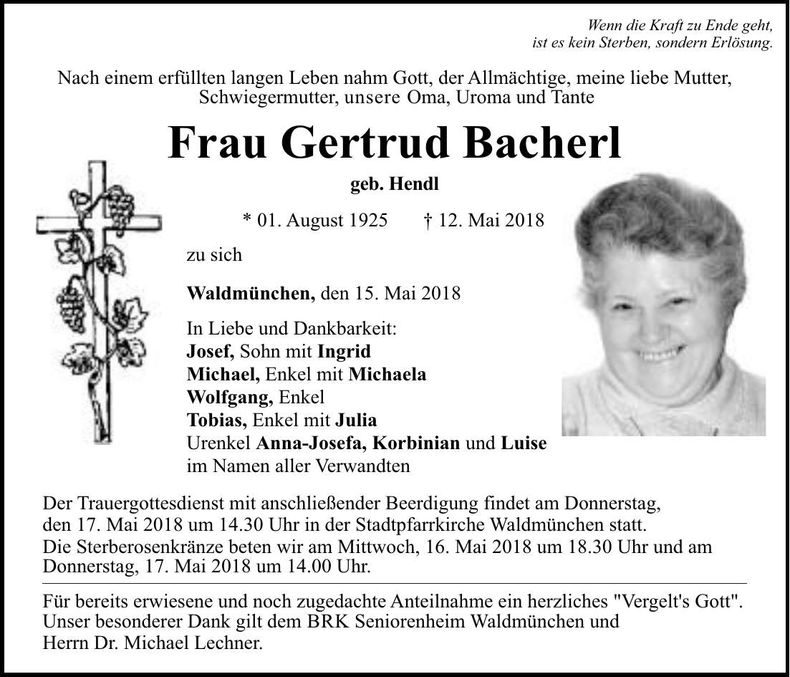 Traueranzeige Gertrud Bacherl