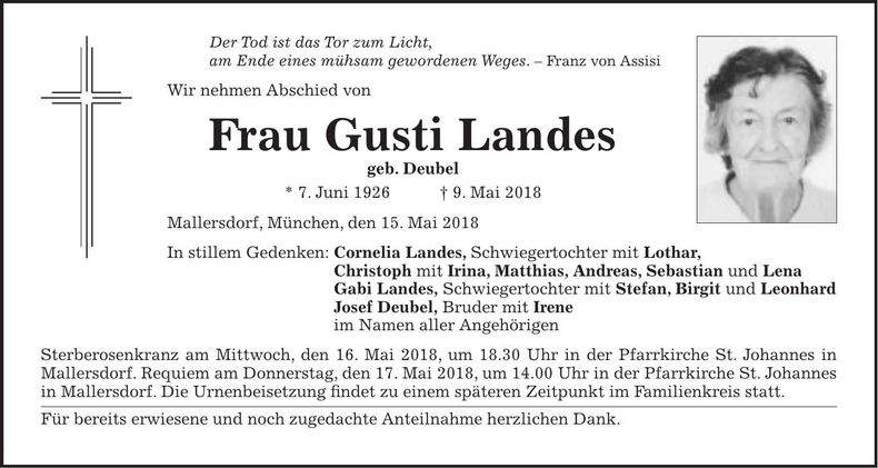 Traueranzeige Gusti Landes