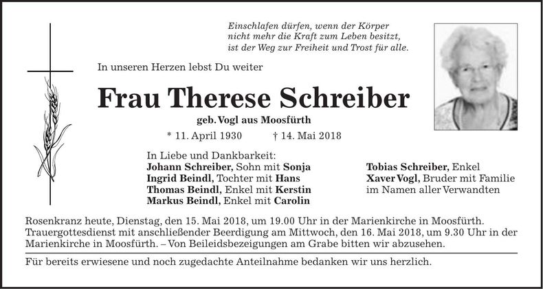 Traueranzeige Therese Schreiber