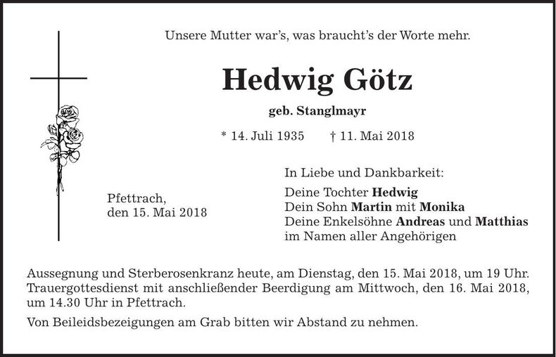 Traueranzeige Hedwig Götz