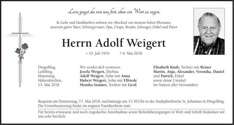 Traueranzeige Adolf Weigert
