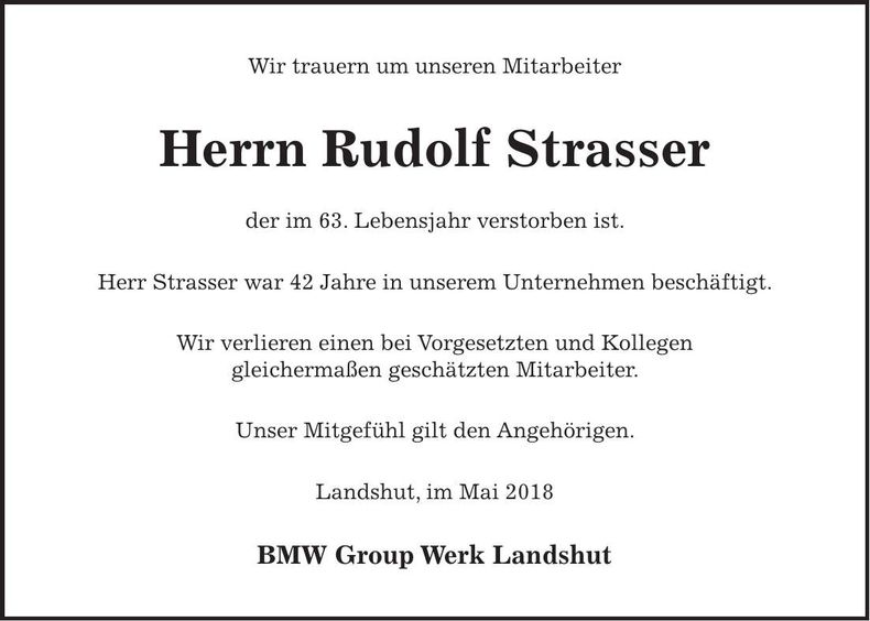Traueranzeige Rudolf Strasser