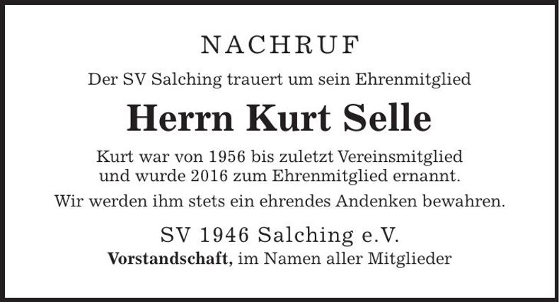 Traueranzeige Kurt Selle