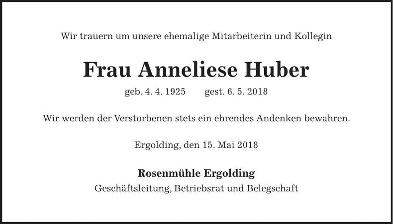 Traueranzeige Anneliese Huber