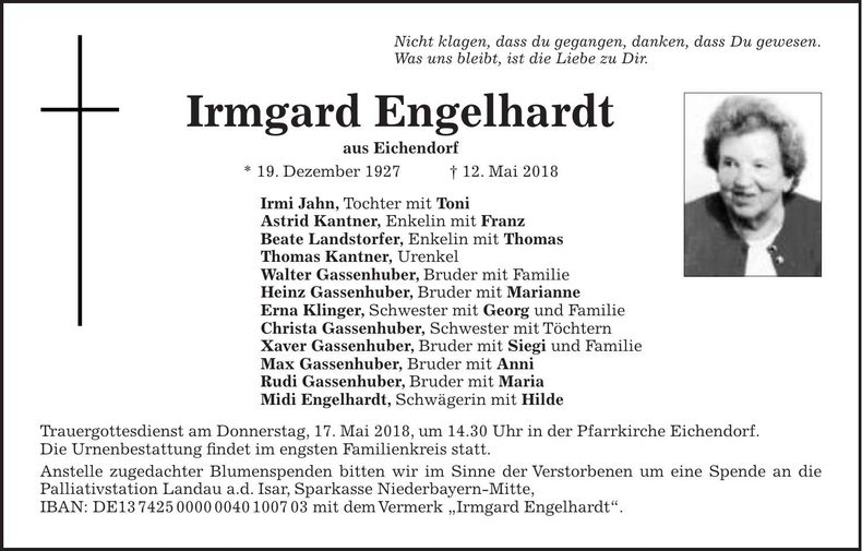 Traueranzeige Irmgard Engelhardt