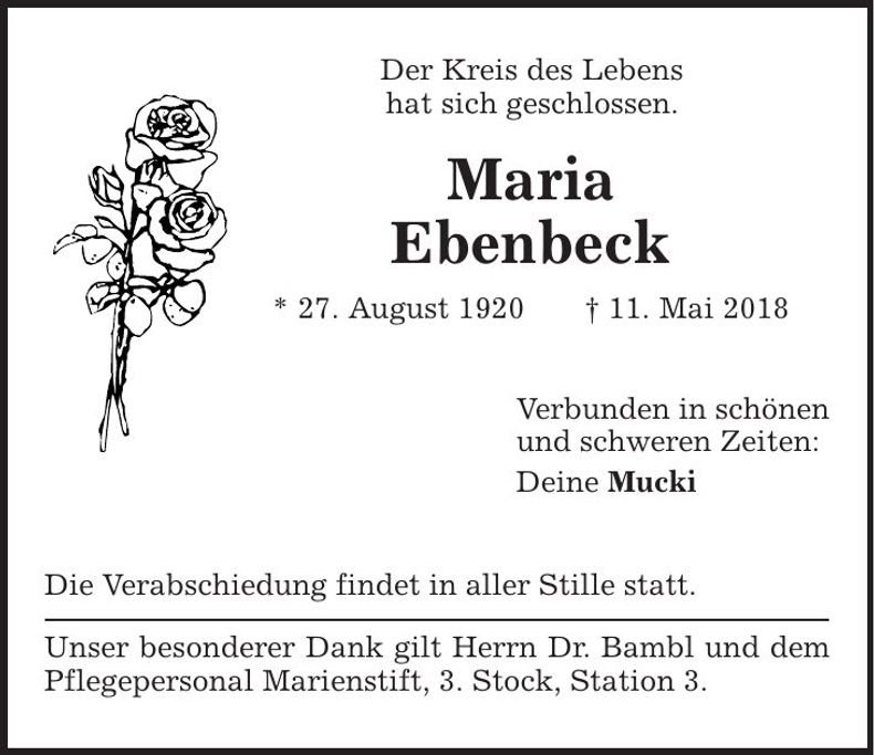 Traueranzeige Maria Ebenbeck