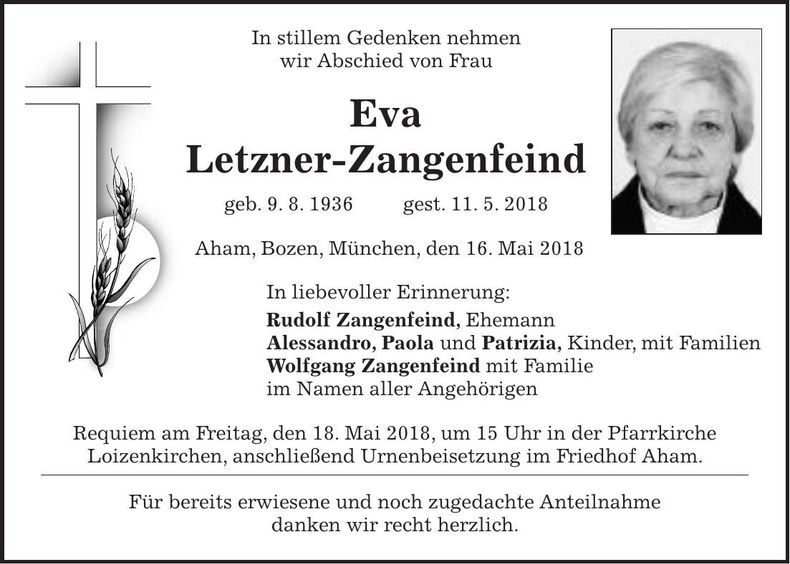 Traueranzeige Eva Letzner-Zangenfeind