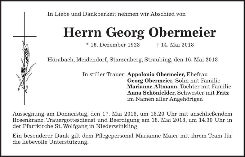 Traueranzeige Georg Obermeier