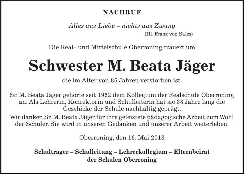 Traueranzeige Schwester M. Beata Jäger