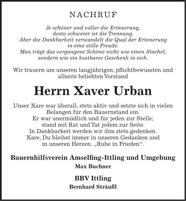 Traueranzeige Xaver Urban