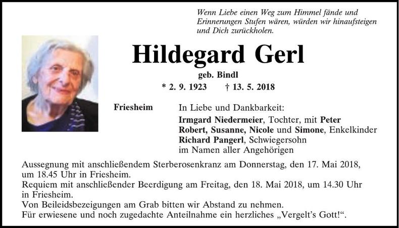 Traueranzeige Hildegard Gerl