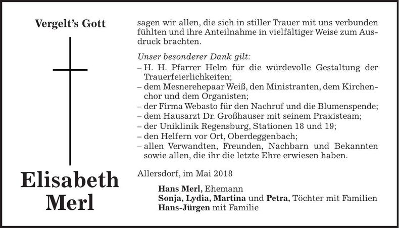 Traueranzeige Elisabeth Merl