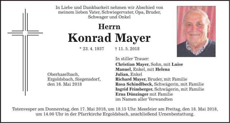 Traueranzeige Konrad Mayer
