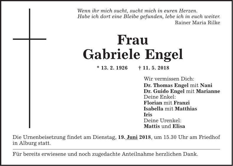 Traueranzeige Gabriele Engel
