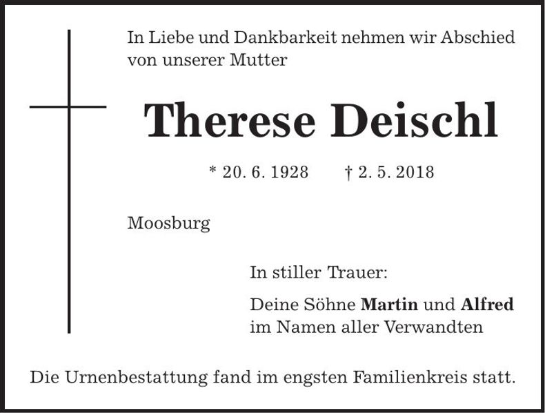 Traueranzeige Therese Deischl