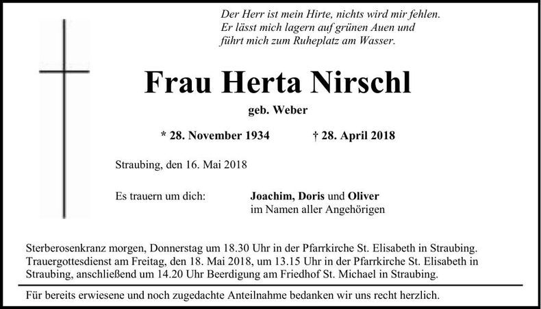 Traueranzeige Herta Nirschl