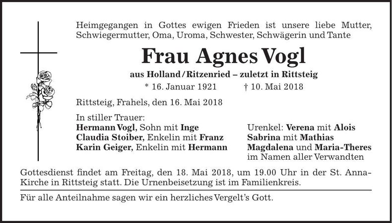 Traueranzeige Agnes Vogl