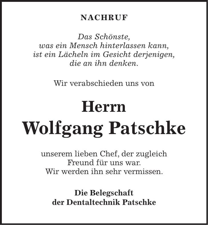 Traueranzeige Wolfgang Patschke