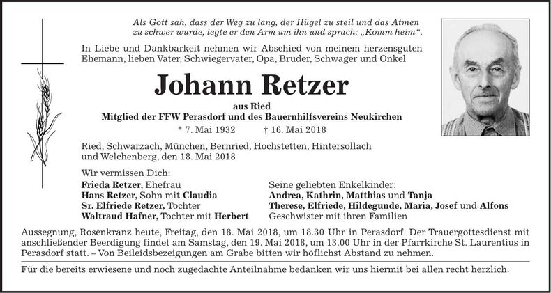 Traueranzeige Johann Retzer