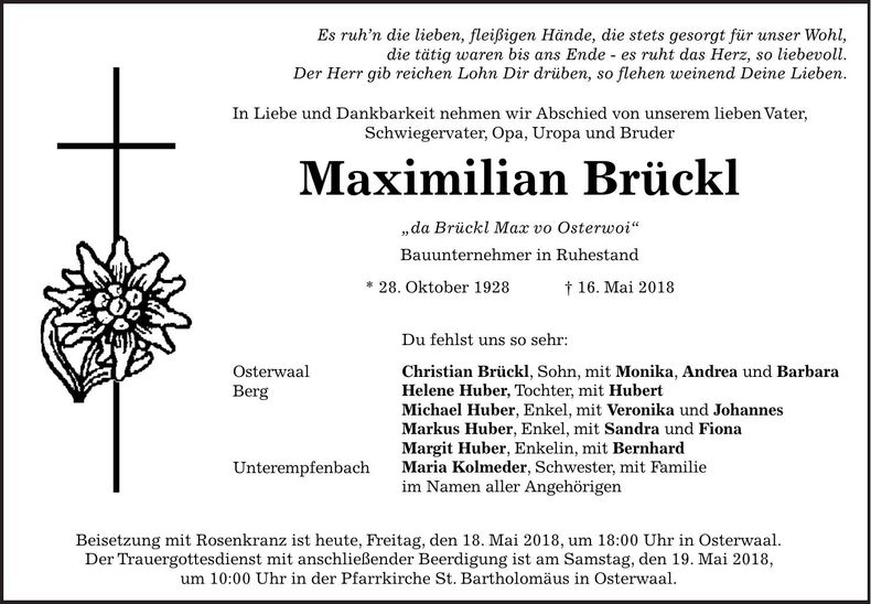 Traueranzeige Maximilian Brückl