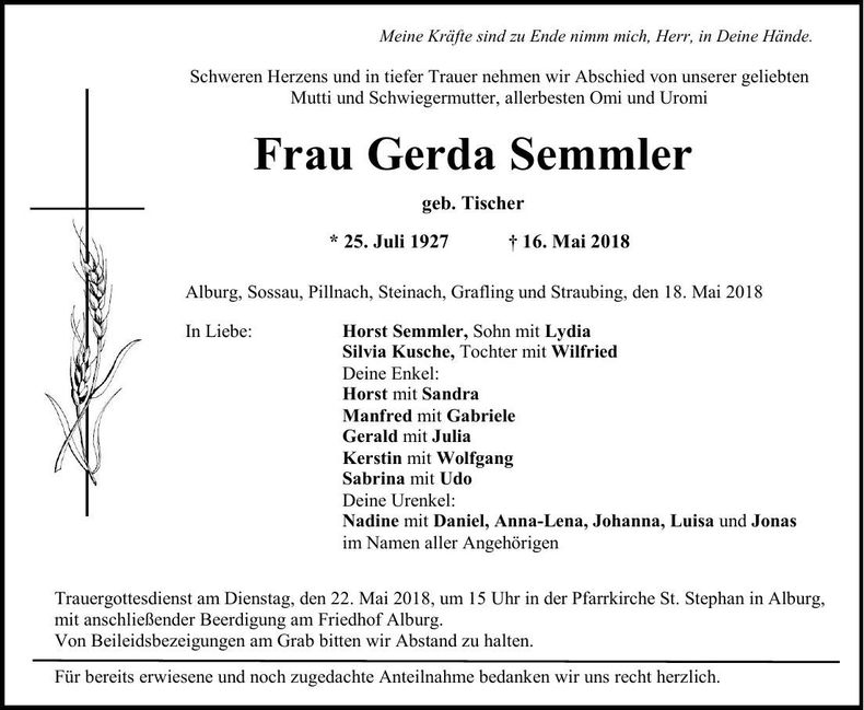 Traueranzeige Gerda Semmler