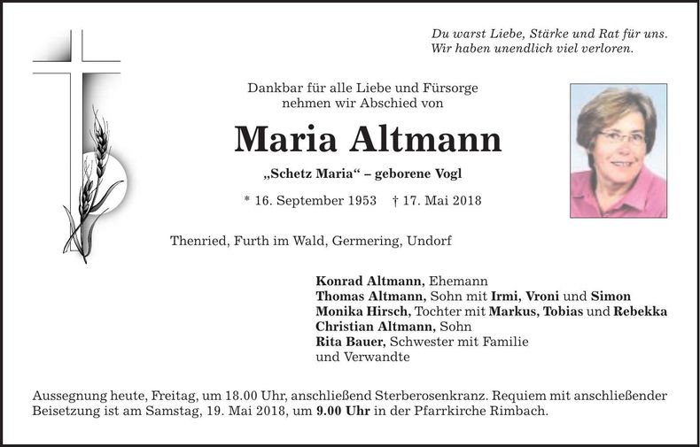 Traueranzeige Maria Altmann