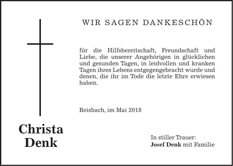 Traueranzeige Christa Denk