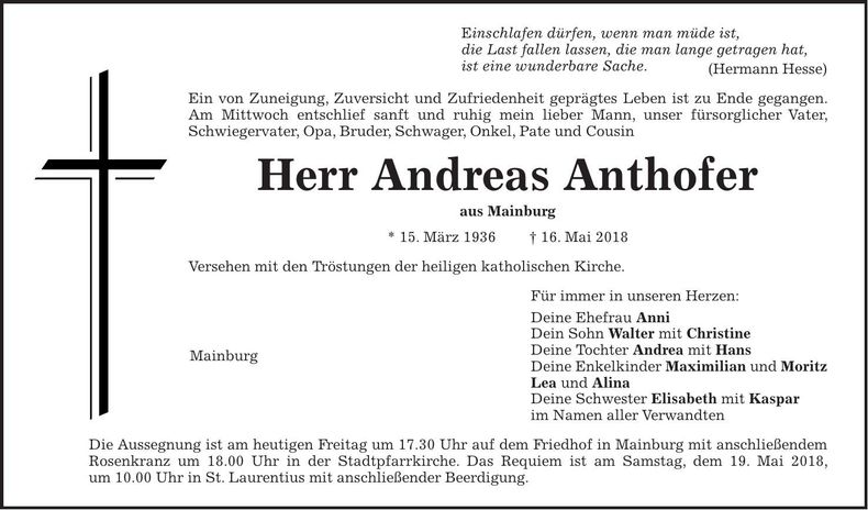 Traueranzeige Andreas Anthofer