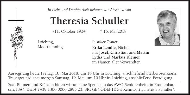 Traueranzeige Theresia Schuller