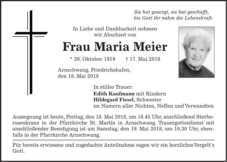 Traueranzeige Maria Meier