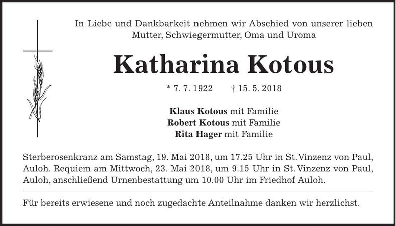 Traueranzeige Katharina Kotous
