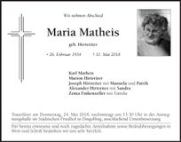 Traueranzeige Maria Matheis