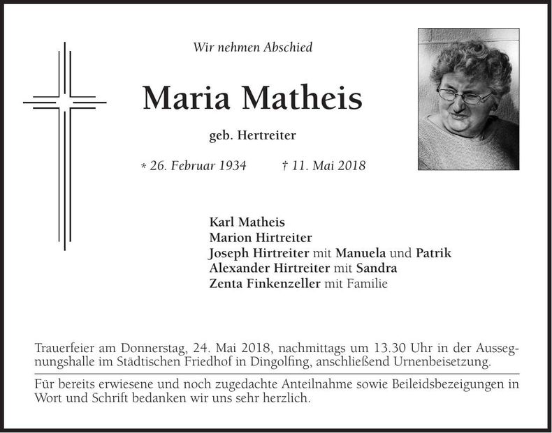 Traueranzeige Maria Matheis
