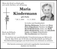 Traueranzeige Maria Kindermann