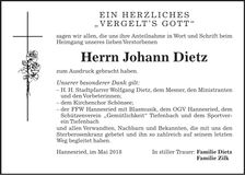 Traueranzeige Johann Dietz