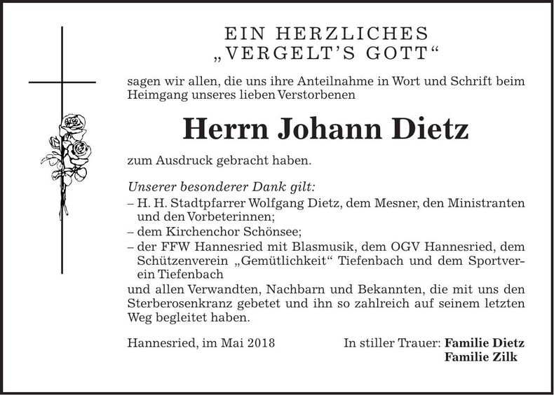 Traueranzeige Johann Dietz