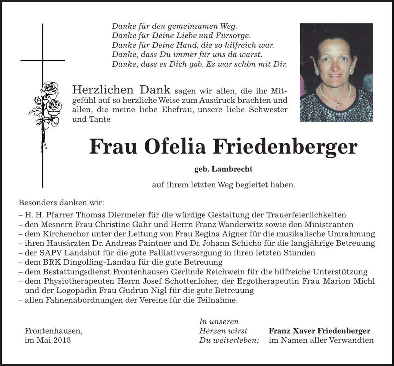 Traueranzeige Ofelia Friedenberger