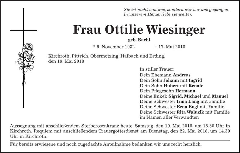 Traueranzeige Ottilie Wiesinger