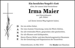 Traueranzeige Irma Maier