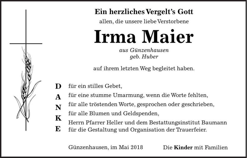 Traueranzeige Irma Maier
